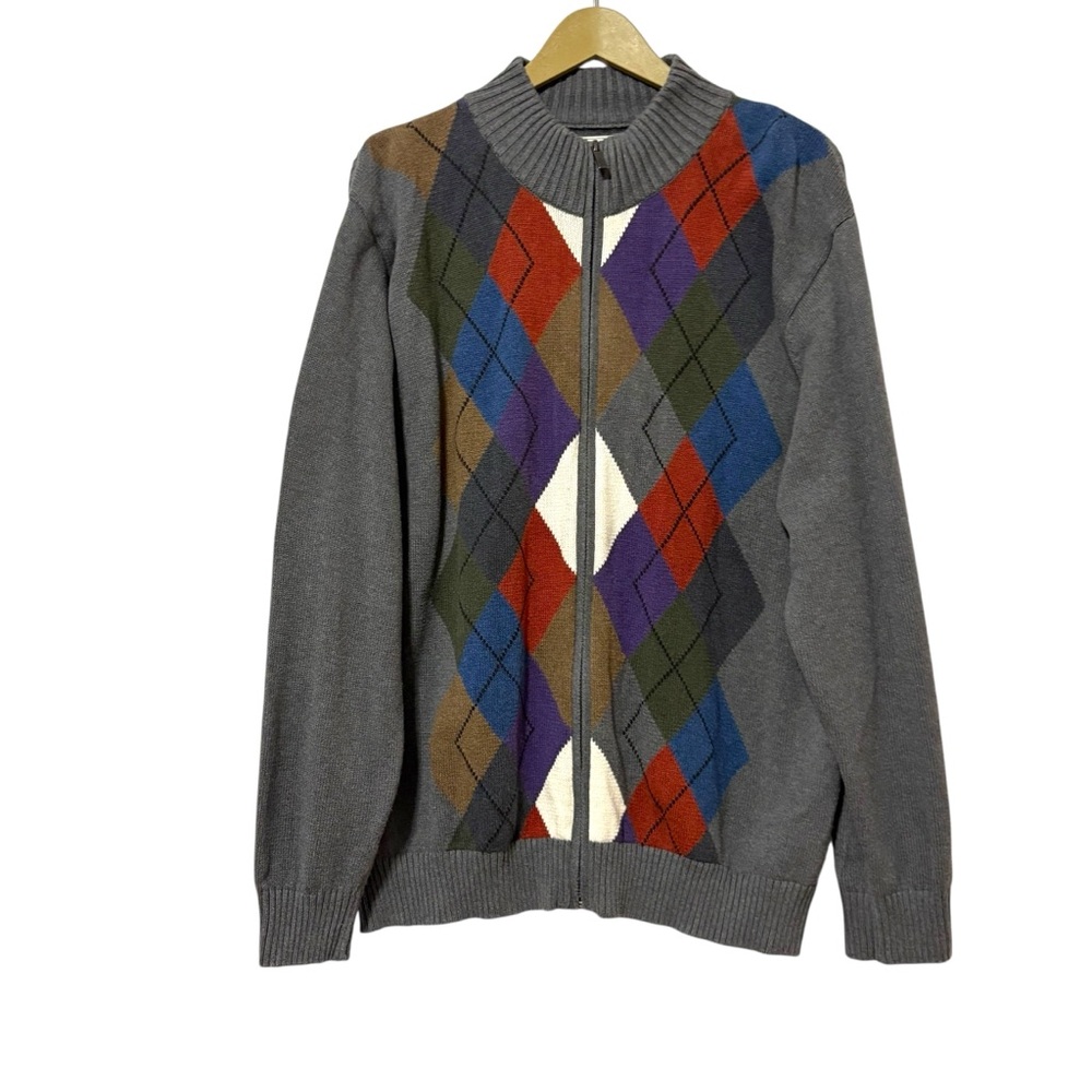 Vintage Southern Pines Men’s Gray Multicolor Argyle Diamond Pattern Zip Cardigan